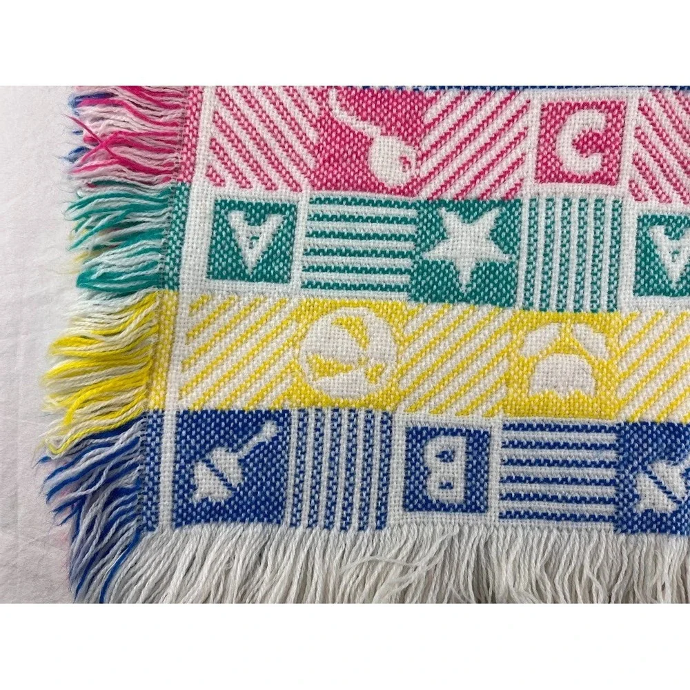 Vtg Woven Blocks Baby Blanket‎ Boy Girl Fringe A B C Rattle Heart Flower Bright